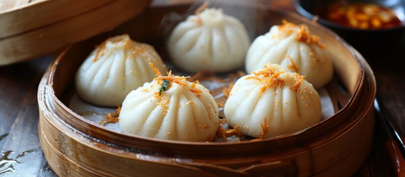 A wooden steamer filled with various types of dim sum, such as Buuz, Momo, Baozi, Khinkali, Xiaolongbao, on a wooden table