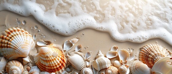 Fototapeta na wymiar Sea shells in sea shore with water splash a perfect summer backdrop with space, Generative AI.