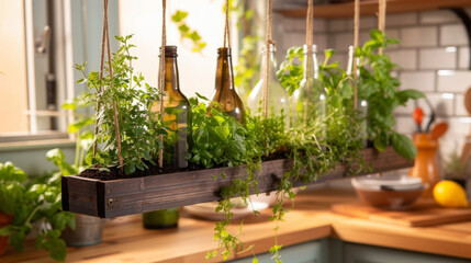 Fototapeta na wymiar A DIY project for a hanging herb garden using recycled wine bottles providing fresh herbs for the kitchen while also repurposing everyday items.