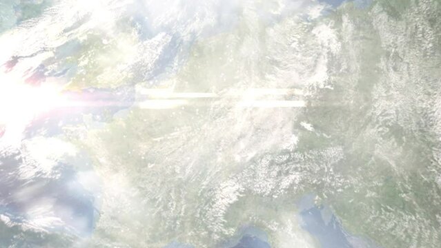 Earth zoom in from space and focus on Sankt Ingbert, Germany. 3D Animation. Satellite view. Background for travel intro. Images from NASA