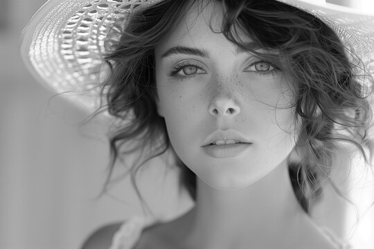 close-up monochrome black and white ad photo of a woman model wearing a hat and gazing intensely into the camera