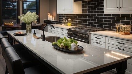 A modern kitchen with ethereal pearl cabinets and starry night quartz countertops - obrazy, fototapety, plakaty