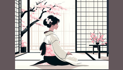 Concept of an image of a woman in kimono sitting upright in a traditional Japanese tatami room. Vector illustration.