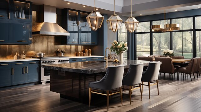 A modern kitchen with pale gold cabinets and twilight blue quartz countertops