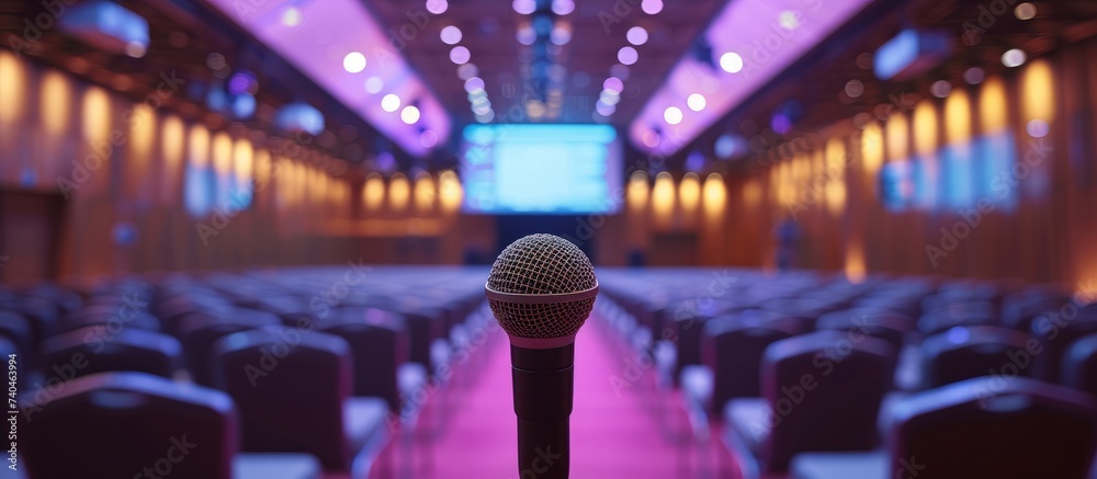 Wall mural Vintage microphone in an auditorium with rows of empty chairs for public speaking event