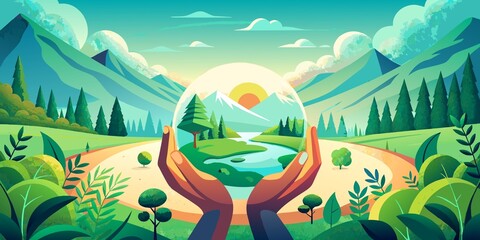 Globe Held in Hands: Environmental Concept in Green Meadow with Sunlight