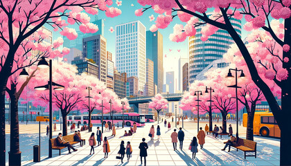 Obraz premium City park with many pink sakura trees. Cartoon vector illustration of public garden with blooming cherry blossoms, green grass and alleys for walking, relax and recreation. Beautiful natural landscape