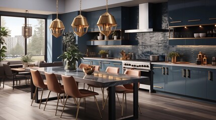 A modern kitchen with pale gold cabinets and twilight blue quartz countertops - obrazy, fototapety, plakaty