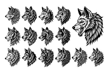 Illustration of roaring wolf face silhouette design set