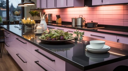 A modern kitchen with pale orchid cabinets and ebony black quartz countertops