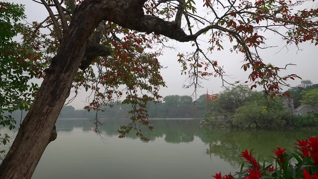 From the shoreline of Hoan Kiem lake looking down from the red leaves to the red flowers and Cau The Huc bridge.