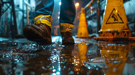 Accident on site. Construction worker has an accident a slip-and-fall accident on a wet floor at a construction site, accident while working, Focus is on the fallen worker and the immediate danger. AI - obrazy, fototapety, plakaty