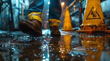Foto op Plexiglas Accident on site. Construction worker has an accident a slip-and-fall accident on a wet floor at a construction site, accident while working, Focus is on the fallen worker and the immediate danger. AI © saichon