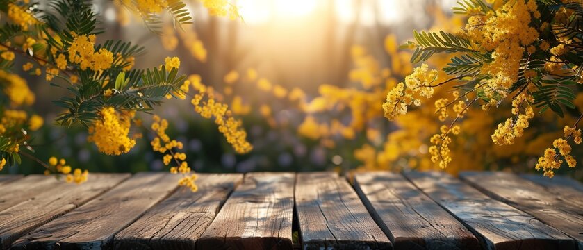 Springtime mimosa sprigs and a hazy floral backdrop pack a devoid wooden table and space, Generative AI.