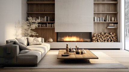 A sleek modern fireplace as the focal point in a Scandinavian-inspired living room with clean lines and warm textures
