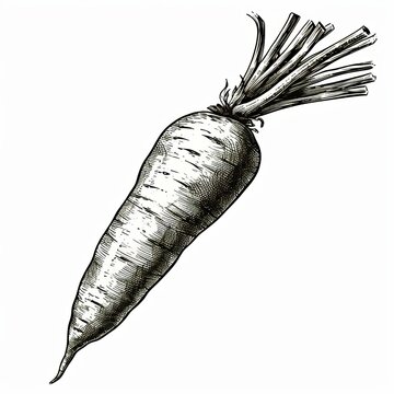 Carrot, white solid background, woodcut illustration