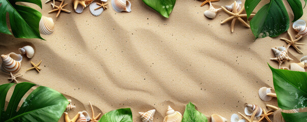 Top view frame border sea shells and starfish tropical leaves on sand beach background - obrazy, fototapety, plakaty
