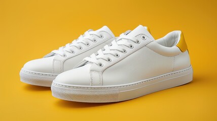 Modern White Sneakers on Vibrant Yellow Background