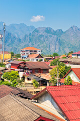 Vang vieng Laos - February 15 2024 : Mountain view and nature at Vang Vieng, Laos, a...