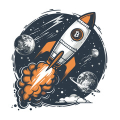 Bitcoin logo on the rocket, moon and planet on the background