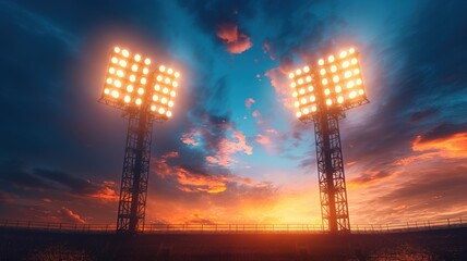 Stadium Floodlights Against a Dramatic Sunset Sky