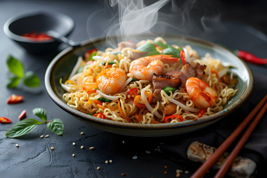 Hokkien mee is a Chinese dish served with fish balls and shrimp, pork belly against a dark background, with a pair of chopsticks resting beside the plate, and steam rising off the dish. AI