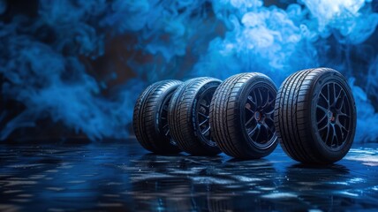 Performance Car Tires on a Reflective Surface with Smoke