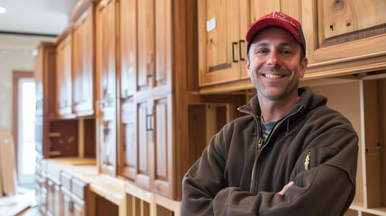 A proud carpenter stands next to a newly installed set of custombuilt kitchen cabinets showcasing his mastery of the craft and attention to detail.