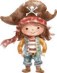 Watercolor of cute pirate character isolated. cartoon illustration.