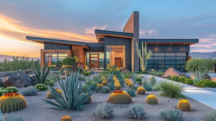 Foto op Plexiglas Modern Desert Home at Sunset with Cacti Garden © Sariyono