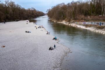 River landscape: Isar at the Oberföhring dam near Munich, Germany.  Popular place for Munich...