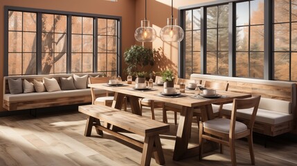 Fototapeta na wymiar A rustic dining room with light apricot upholstered chairs and a deep copper accent wall