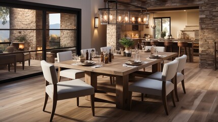 A rustic dining room with light sand upholstered chairs and a deep walnut accent wall