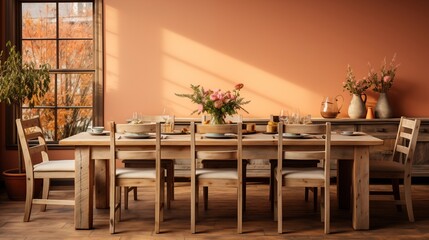 A rustic dining room with soft peach upholstered chairs and a burnt sienna accent wall