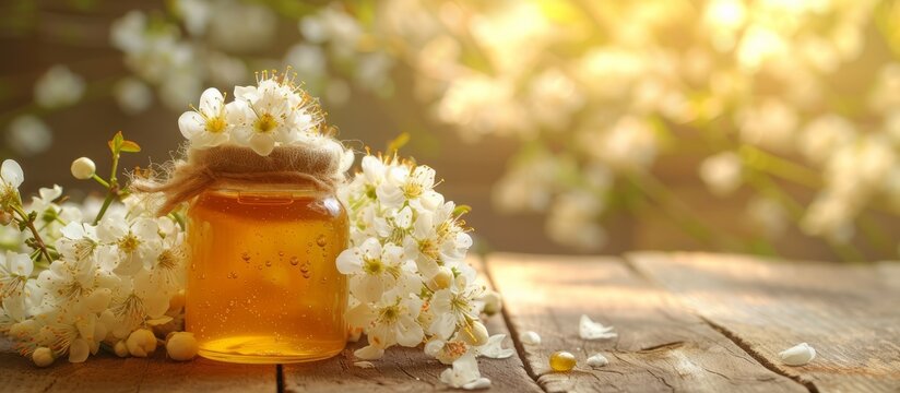 A jar of liquid gold honey sits beside a bouquet of delicate white flowers on a rustic wooden table, creating a picturesque landscape reminiscent of a serene countryside event