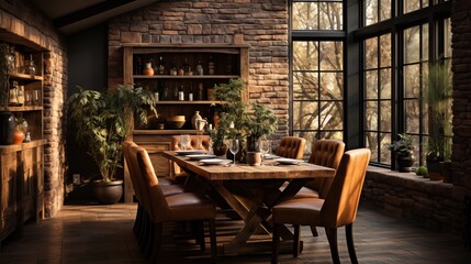 Fototapeta na wymiar A rustic dining room with soft terracotta upholstered chairs and a dark brick accent wall
