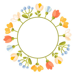 Cute floral wreath with different flowers on the stem, leaves, space for text.