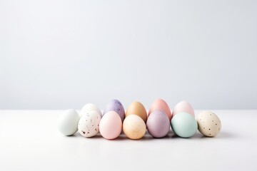 Happy easter concept. Scattered easter eggs in pastel colors on a white tabletop