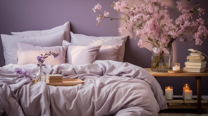 A serene bedroom with soft lilac walls and pale gray bedding