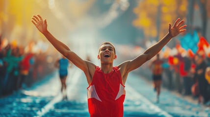 red-shirted athlete with arms raised in triumph crossing the finish line. atmosphere of a sporting event. - obrazy, fototapety, plakaty