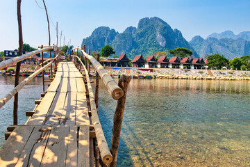 Vang vieng Laos - February 15 2024 : The Nam Song river in Vang Vieng, a tourist-oriented town...