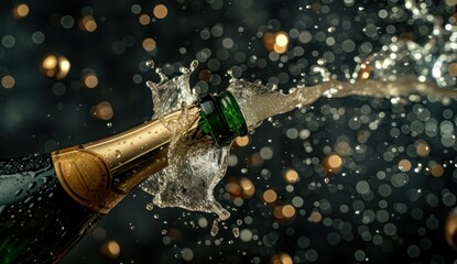 champagne bottle is opened. cork shoots from champagne bottle. symbolic photo for the year, new year's eve, celebrations and openings - 740467750