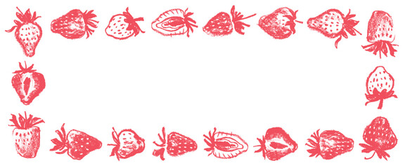 Strawberry banner with berries drawings for juice label, cosmetics packaging design, vegetarian banner poster. Hand drawn vector strawberries border illustration. Red berries framework.
