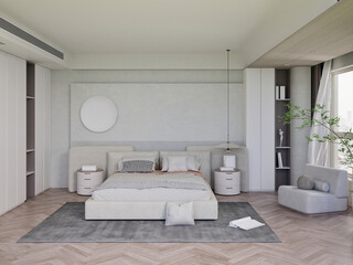 Minimal interior of bedroom with bed and relax sofa, drop ceiling lights, bed tab