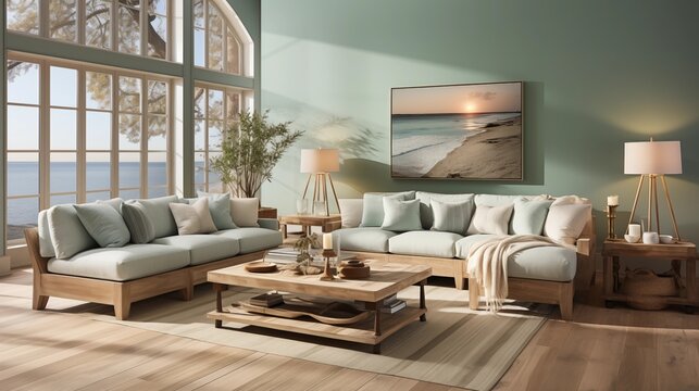 A serene living room with coastal blue walls and seafoam green accents