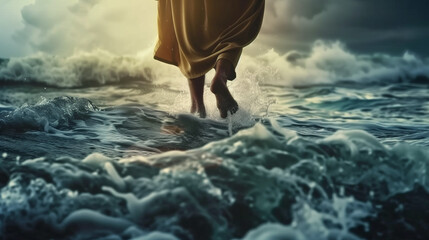 Jesus walks on water during a storm at sea waves ocean miracle  - obrazy, fototapety, plakaty