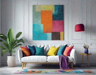 Beautiful White sofa with colorful cushions against of white wall with a colorful poster