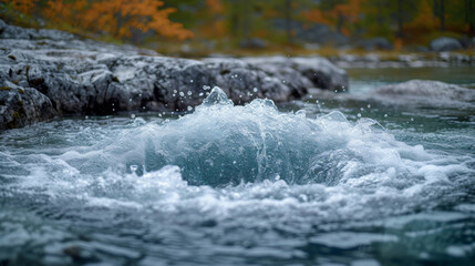 Detail of the churning water at the base of the waterfall capturing the raw energy and power of the flowing current.
