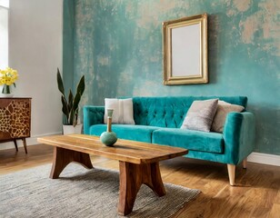 The wooden coffee table near the turquoise blue sofa against the wall