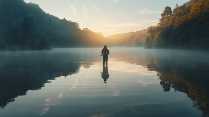 Tranquil lake fishing at dawn, serenity mirrored in the waters glassy surface - obrazy, fototapety, plakaty